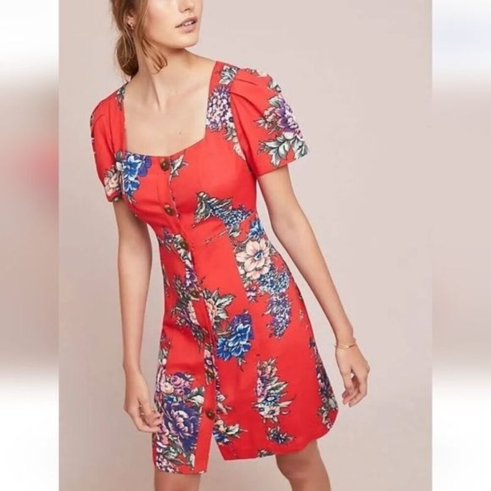 Maeve Anthropologie 2 Caldwell red floral button down dress spring Easter summer